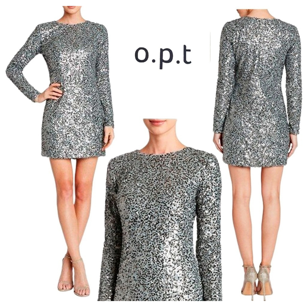 Anthropologie OPT Silver Sequin Long Sleeve Sheath Dress Medium Festival Sexy